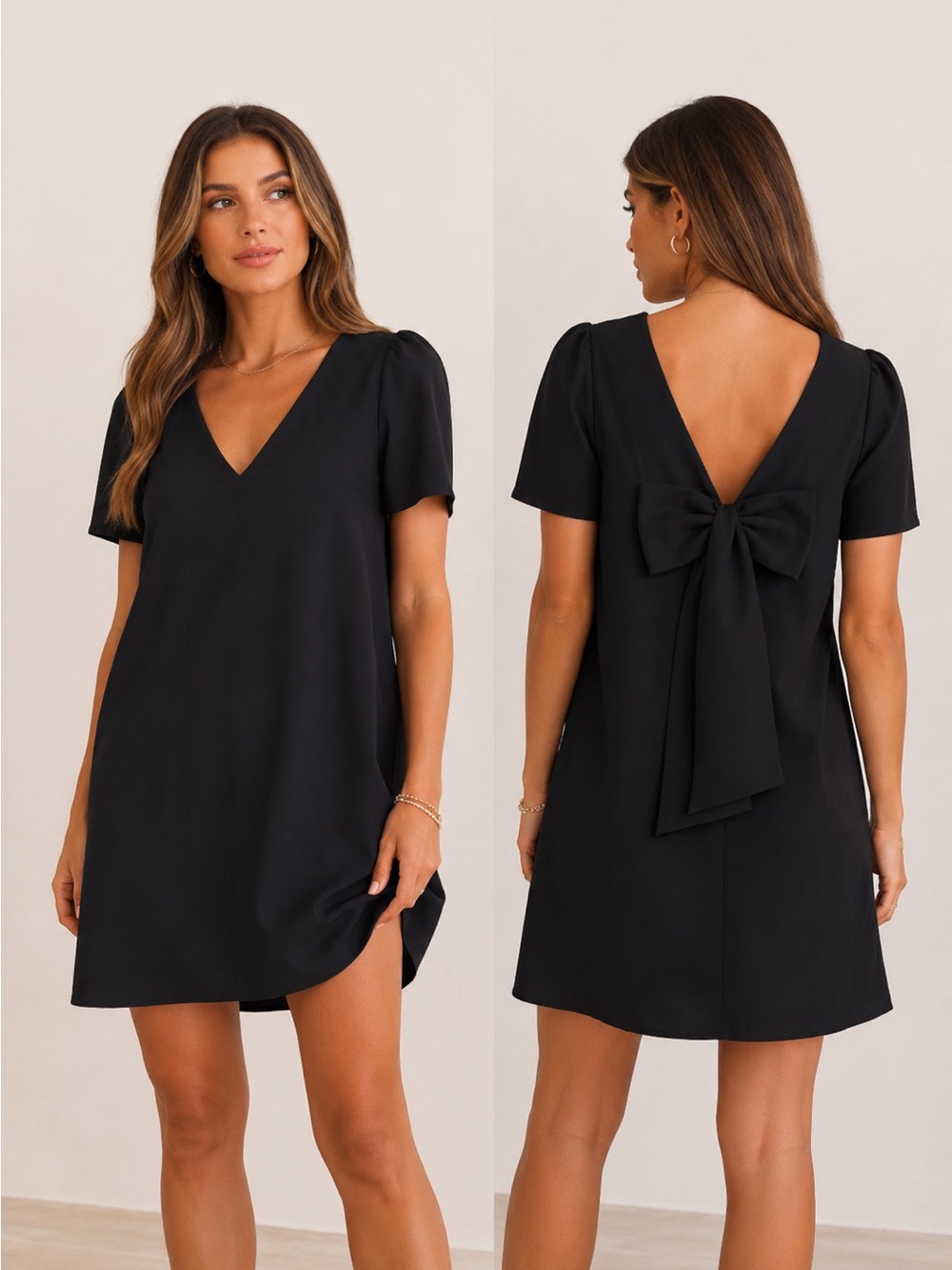 Elegant Black V-Neck Mini Dress with Back Bow